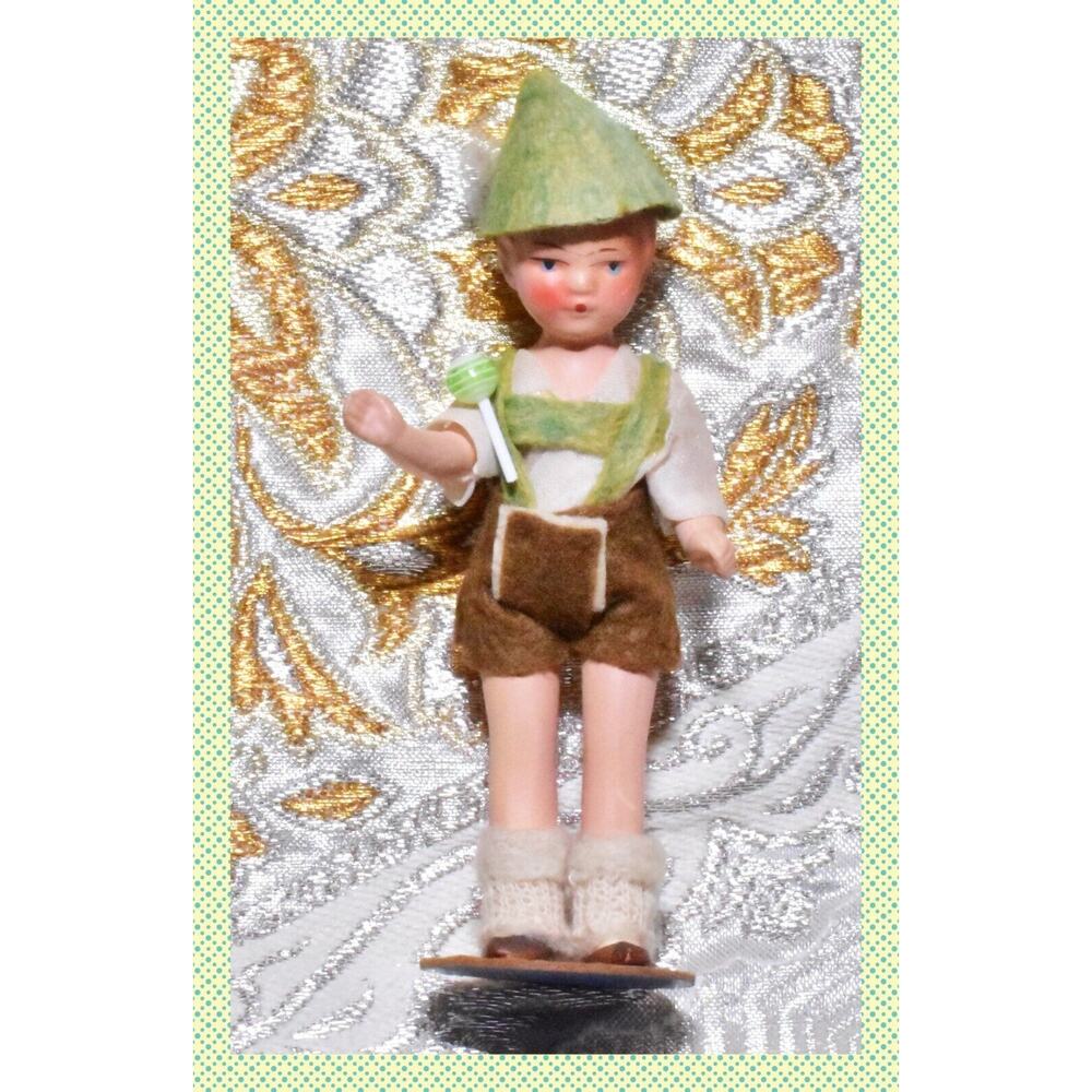 4” Hertwig German Miniature Doll Painted Bisque Ethnic Antique Boy Felt Tyrolean